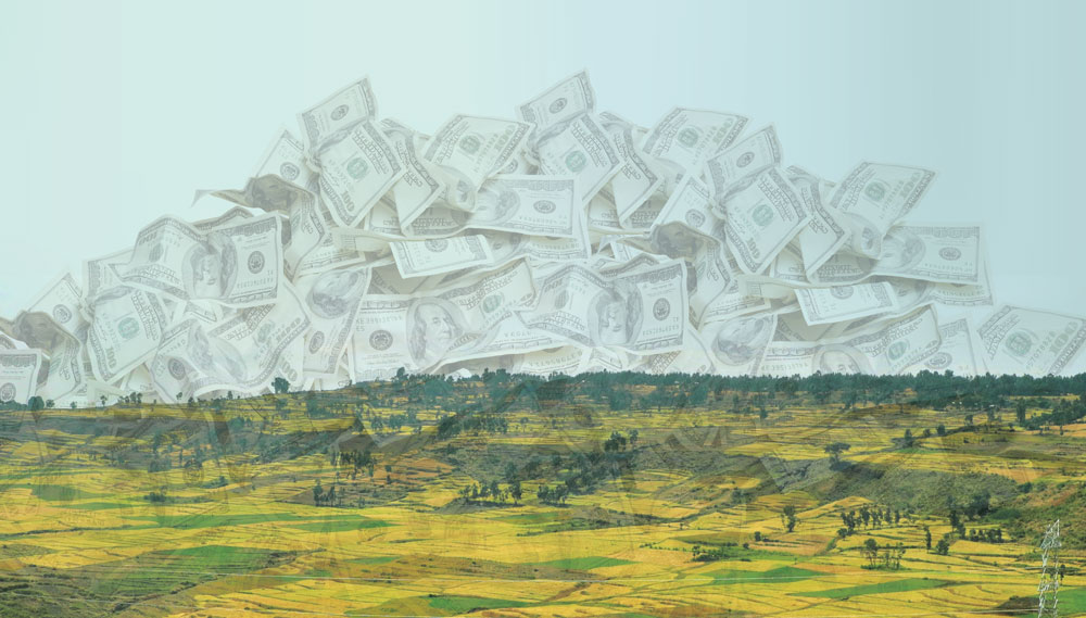 Montañas de dinero sobre campos de cultivo